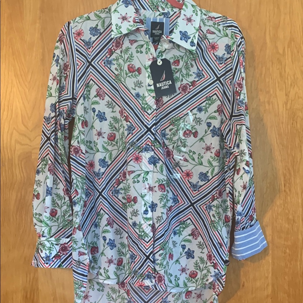 NWT Nautica Multicolor Floral & Striped 100% cotton button-down Menswear detail